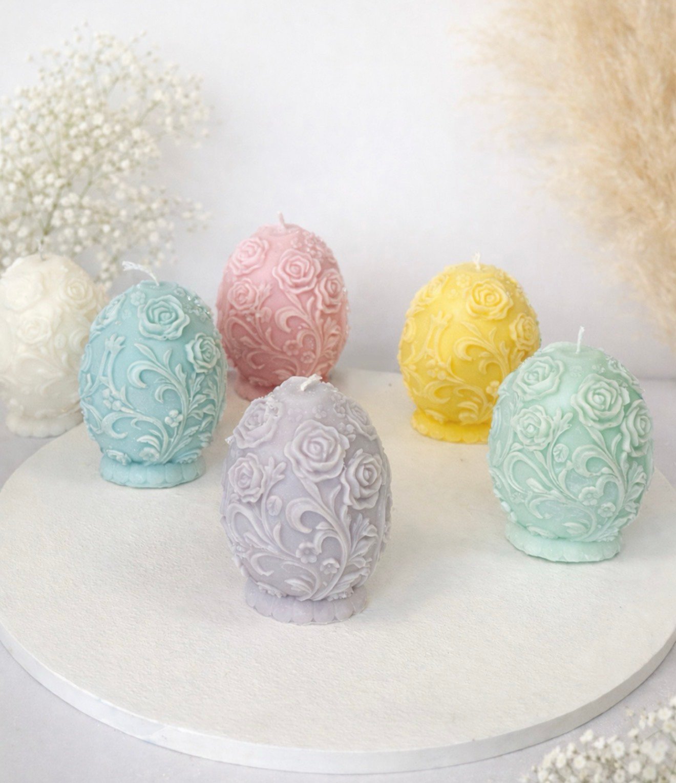 Αυγό με Ανάγλυφα Λουλούδια Large -Διακοσμητικό Κερί Σόγιας